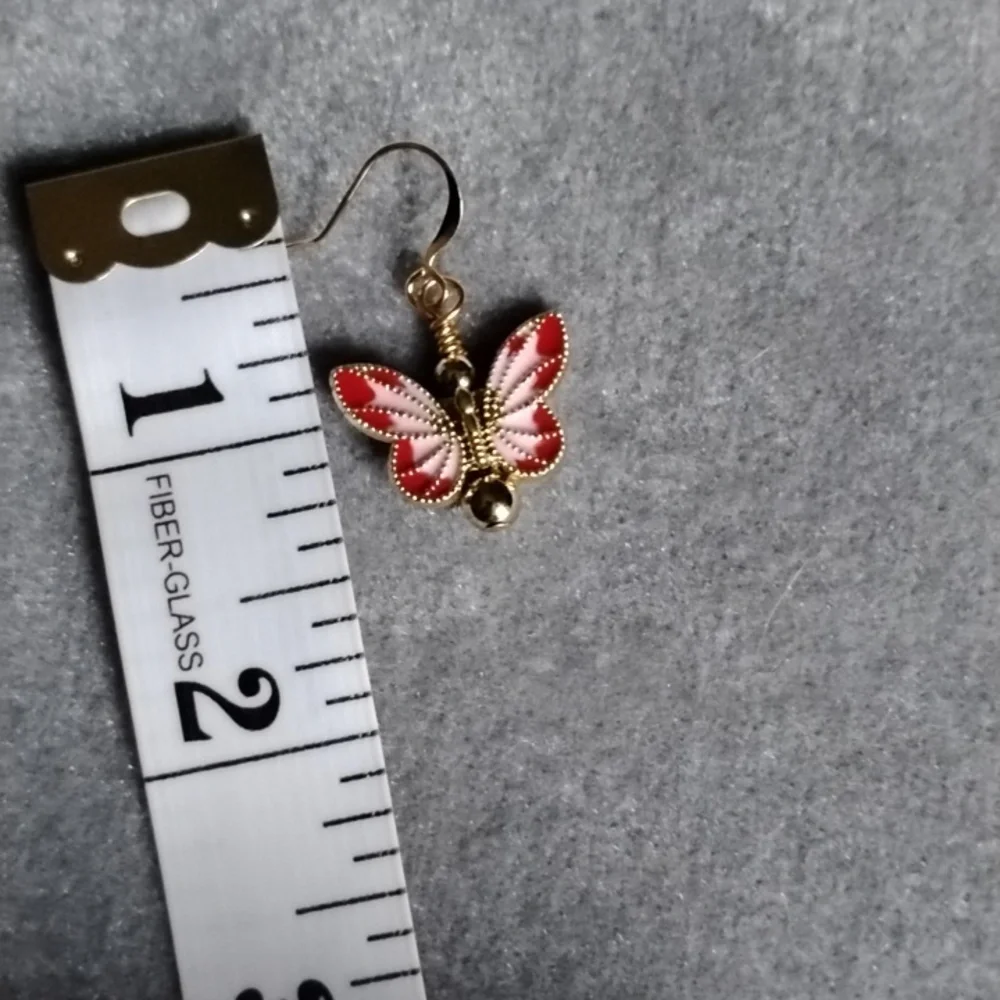Hand Crafted Red And Pink Gold Butterfly Earrings - Picture 5 of 5
